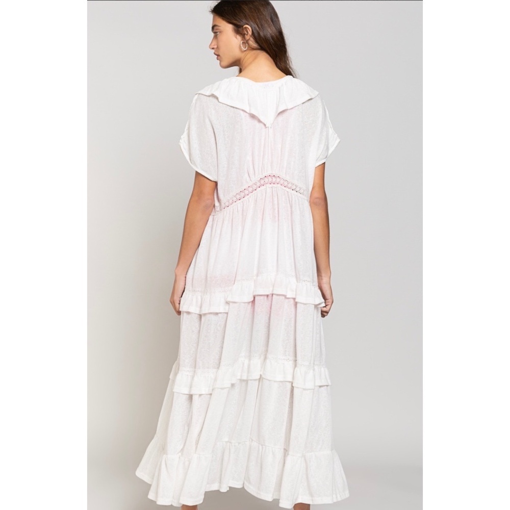 POL Ivory Ruffled Lace Patchwork Tiered Maxi Cardigan - Picture 4 of 8